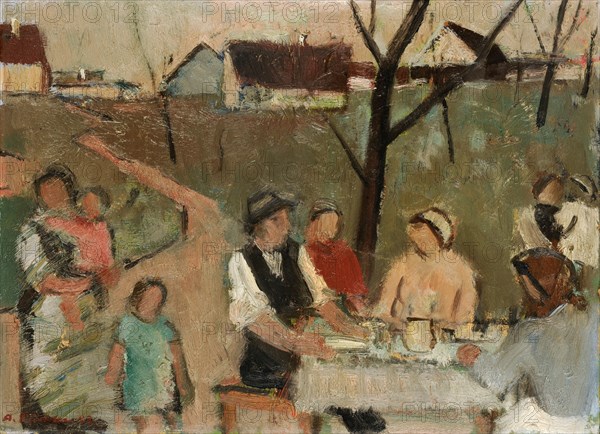 Family at the table in the open air, 1943, oil on board, 25.3 x 34.8 cm, Signed and dated lower left: A. Fiechter 43., Arnold Fiechter, Sissach/Baselland 1879–1943 Basel