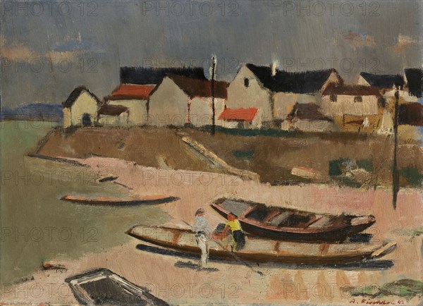 Fishing village in Baden, 1943, oil on board, 25 x 35 cm, signed and dated lower right: A. Fiechter 43, Arnold Fiechter, Sissach/Baselland 1879–1943 Basel