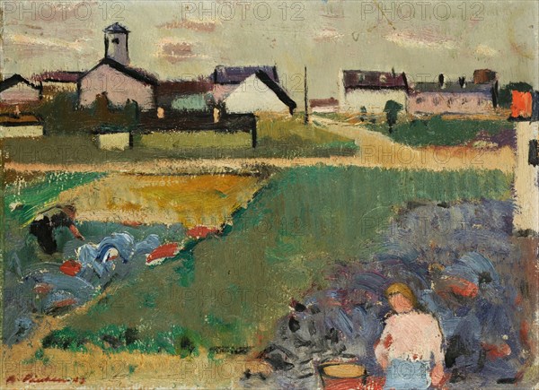 Krautfeld in front of the village, 1943, oil on board, 25.5 x 34.5 cm, signed and dated lower left: A. Fiechter 43, Arnold Fiechter, Sissach/Baselland 1879–1943 Basel