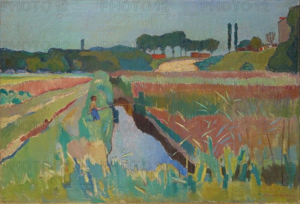 Swamps near Neudorf with a fishing boy, 1913, oil on canvas, 74.5 x 109.5 cm, signed and dated lower right: Arnold Fiechter, 1913., Arnold Fiechter, Sissach/Baselland 1879–1943 Basel