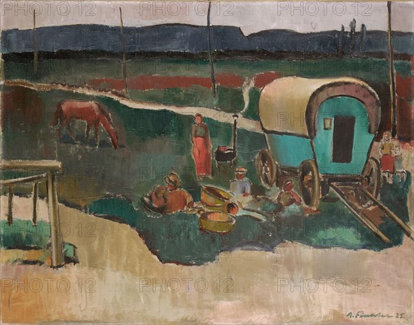 Gypsy camp in Alsace, 1925, oil on canvas, 82.5 x 105 cm, signed and dated lower right: A. Fiechter 25., Arnold Fiechter, Sissach/Baselland 1879–1943 Basel