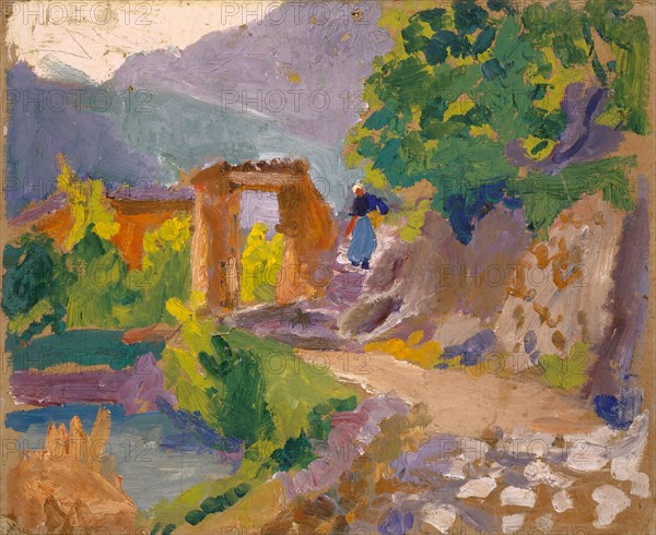 Stony path in mountain valley, oil on board, 21.5 x 27 cm, not marked, Französischer Maler, 19./20. Jh.