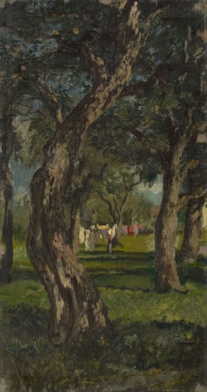 Baumgarten with suspended laundry, 1863, oil on canvas, 41.5 x 21.5 cm Lichtmass, signed and dated lower right (incised in the paint layer): F. Buchser, 63, Frank Buchser, Feldbrunnen/Solothurn 1828–1890 Feldbrunnen/Solothurn