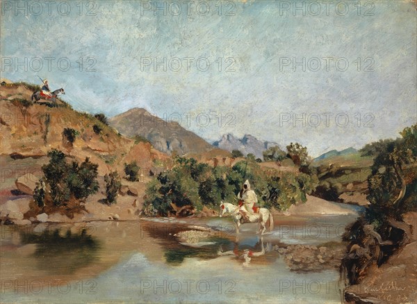 Moroccan rider in the ford of the Wad Boswicha, 1860, oil on paper, 31.5 x 43.3 cm, Inscribed, dated and monogrammed (incised in the paint layer): Busfiehha, 1860 J [?] M., Frank Buchser, Feldbrunnen/Solothurn 1828–1890 Feldbrunnen/Solothurn