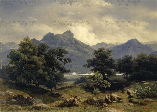 Mountain landscape, 1852, oil on canvas, 52.8 x 73.5 cm, monogrammed and dated lower right with red color: CRH., [ligated], D 52., Carl Rudolph Jonas, Goldapp 1822–1888 Berlin