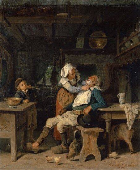 A barber's room in Brittany, 1872, oil on panel, 50 x 45.4 cm, signed and dated lower right: EDOUARD GIRARDET, 1872, Edouard Girardet, Neuenburg 1819–1880 Versailles