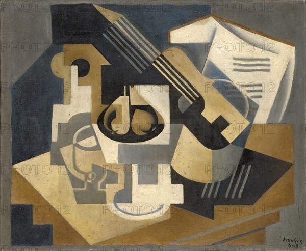 Guitare et compotier sur une table (Guitare et compotier), 1918 (August), oil on canvas, 60 x 73 cm, signed and dated lower right: Juan Gris, 8-18, Juan Gris, Madrid 1887–1927 Boulogne-sur-Seine/Hauts-de-Seine