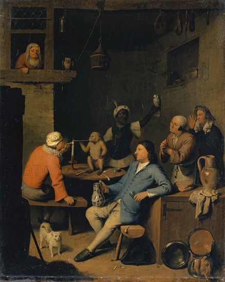 Society with a pipe-smoking monkey in a tavern, oil on canvas, 46 x 37 cm, unmarked, Nicolas van Haften, Gorkum um 1663–1715 Paris