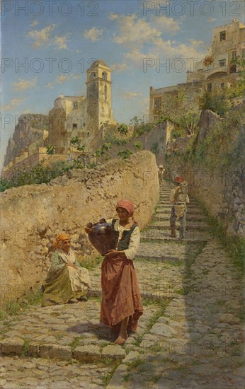 Street in Capri, 1884, oil on canvas, 64 x 40.5 cm, signed, inscribed and dated lower right: EALovatti [ligated], CAPRI 1884, E. Augusto Lovatti, Rom 1816– ? ?