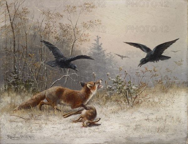 Fox hunting hare in winter, oil on panel, 21 x 26.5 cm, signed and inscribed lower left: MMüller., Munich., Moritz Müller, München 1841–1899 München