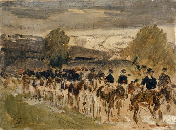 L'artillerie neuchâteloise en marche by Thoune à Friborg, 1890, oil on cardboard, 14 x 19 cm, monogrammed lower left: HS [ligatured], Hans Sandreuter, Basel 1850–1901 Riehen