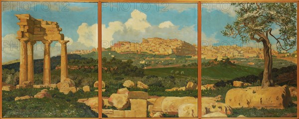 Girgenti [Agrigento] depuis le temple de Castor et Pollux, oil on canvas, 73.5 x 60 cm (left panel) |, 73.5 x 60.5 cm (right and middle panel), signed lower left: RÉGNAULT SARASIN, GIRGENTI, Régnault Sarasin, Basel 1886–1943 Ronco/Tessin