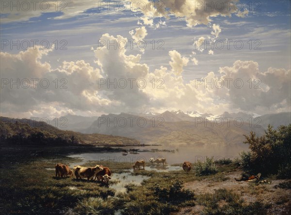Landscape on Lake Lucerne, oil on canvas, 76.9 x 103.5 cm, signed lower left with red color: Robert Zünd., Robert Zünd, Luzern 1827–1909 Luzern