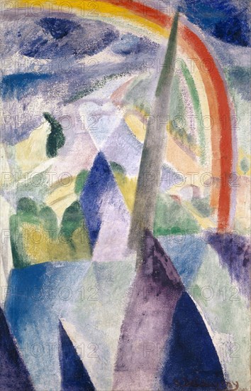 La flèche de Notre-Dame (Vue de Paris, Notre-Dame), 1909/14, mixed technique with wax colors on canvas, 58.5 x 38 cm, signed and dated lower right: r.delaunay, 1909, Robert Delaunay, Paris 1885–1941 Montpellier