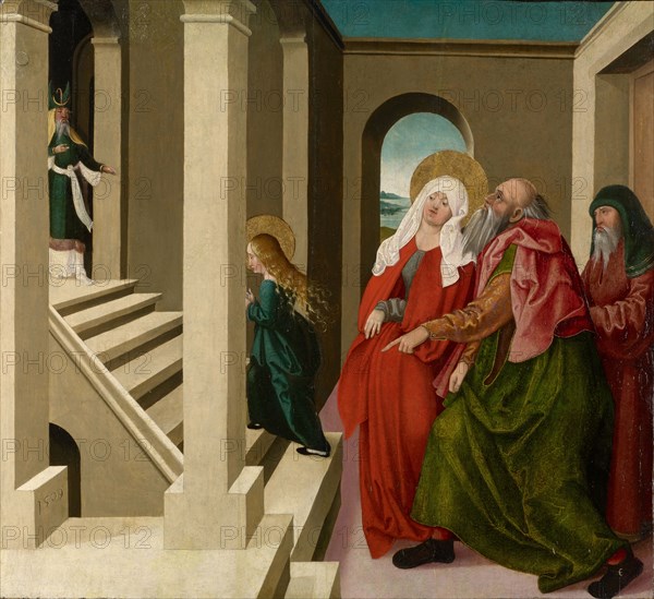 The temple passage of Mary, 1509, oil on spruce wood, 64.5 x 69.5 cm, unsigned, but dated on the pillar base left front: 1509, Bayerischer Meister, 16. Jh.