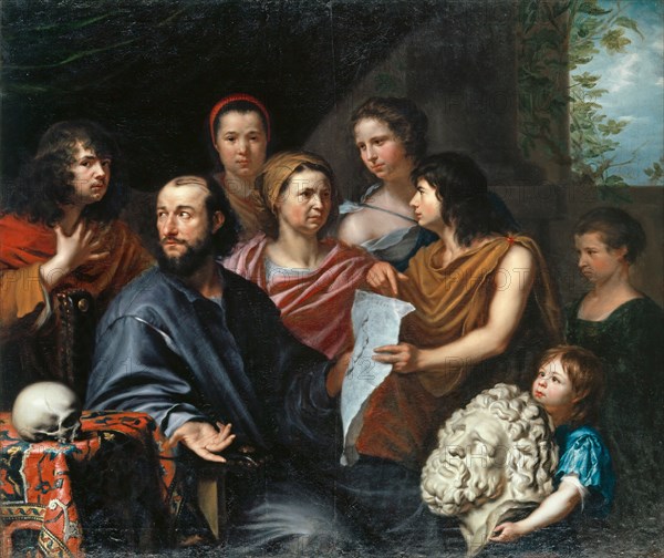 Portrait of the Merian family, c. 1642/43, oil on canvas, 118.7 x 140 cm, signed on the reverse of the drawing in the middle of the picture: MMeri, Jün and inscribed on the obverse: 1641, Matthäus Merian d. J., Basel 1621–1687 Frankfurt a. M.