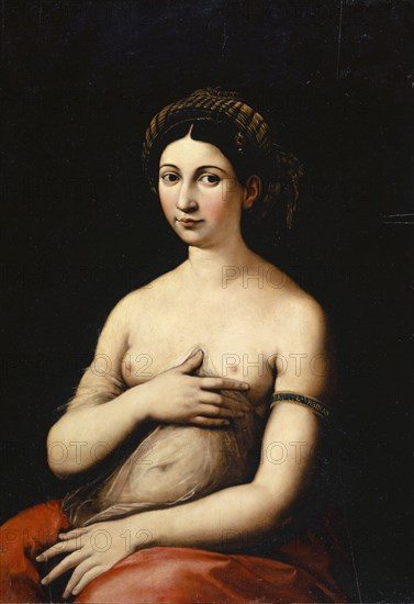 Portrait of a young woman (La Fornarina), oil on panel, 89 x 61 x 1.9 cm, On the bracelet the inscription: RA ... L., VRBINAS, Raffael, (Kopie nach / copy after), Urbino 1483–1520 Rom, Giulio Romano, (Kopie nach (?) / copy after (?)), Rom 1492/99–1546 Mantua