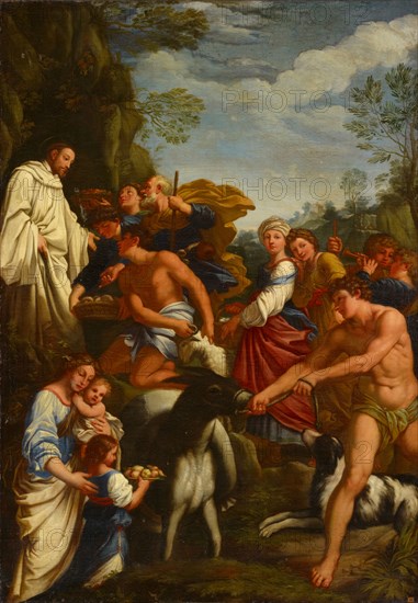 The hl., Benedict receives food from the shepherds, oil on canvas, 114 x 80 cm, unsigned, Guido Reni, (Kopie nach / copy after), Bologna oder Calvenzano 1575–1642 Bologna