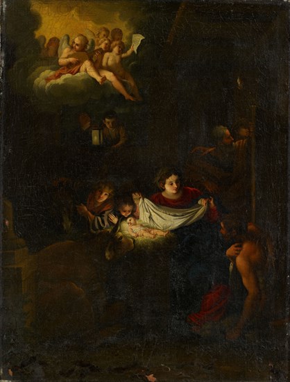 The Nativity, 17th c., Oil on canvas, 52 x 39.7 cm, unmarked, Annibale Carracci, (Alte Kopie nach / old copy after), Bologna 1560–1609 Rom