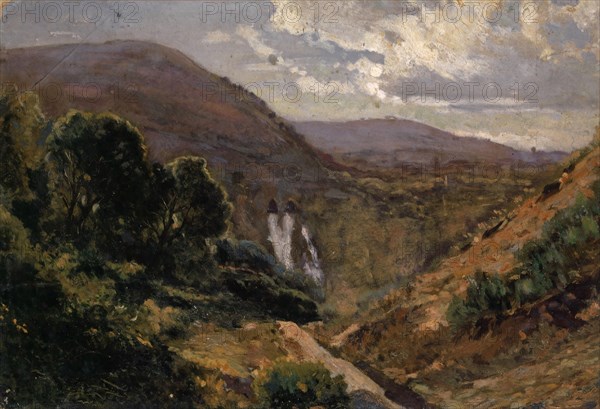 Southern mountain valley with waterfall, oil on board, 27.5 x 39.5 cm, not marked, Unbekannt, 19. Jh.