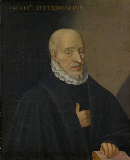Portrait of François Hotman, oil on canvas, 82.5 x 66 cm, unmarked., Above: FRAN [CISCUS] OTHOMANVS, Schweizerischer Meister, 17. Jh.