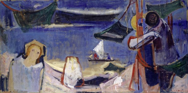 Memory of Edvard Munch, 1923, oil on canvas, 109.5 x 218.5 cm, inscription lower left with brush in red: Remembrance Edvard Munch, Signed and dated lower right: Albert Müller 23, Albert Müller, Basel 1897–1926 Obino/Tessin