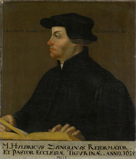 Portrait of Huldrich Zwingli, 1635, oil on canvas, 69 x 58.5 cm, Not specified, but dated: M. HVLDRICVS ZVINGLINVS REFORMATOR, ET PASTOR ECCLESIAE TIGURINAE., ANNO., 1635 /., FECIT., Right and left of the head: OCCVBVIT., ANNO., 1531 AETATIS SVAE., 47., Hans Asper, (Kopie nach / copy after), Zürich um 1499–1571 Zürich