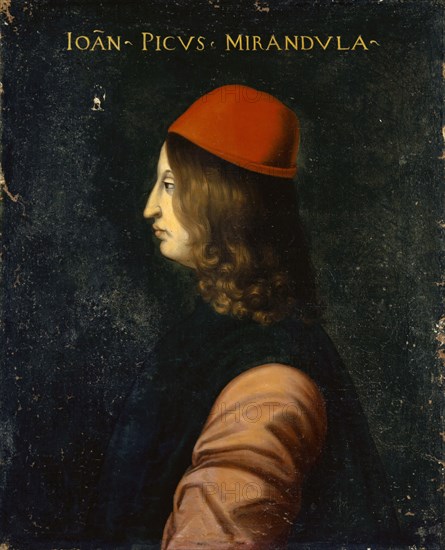Portrait of Giovanni Pico della Mirandola, oil on canvas, 77 x 63 cm, unmarked., Above: IOAN [NES] - PICVS • MIRANDVLA -, Cristofano (di Papi) dell' Altissimo, (Kopie nach / copy after), um 1525–1605 Florenz