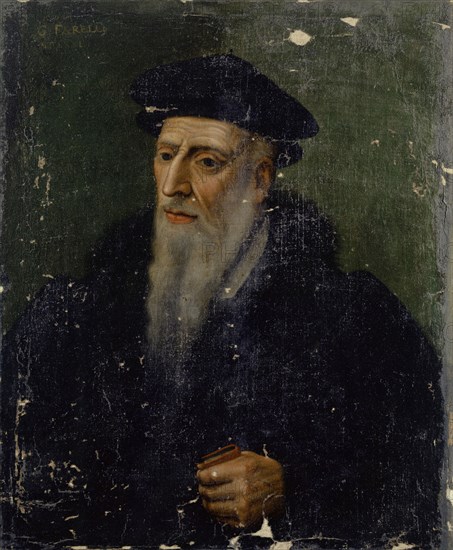 Portrait of Guillaume Farel, oil on canvas, 76 x 62 cm, unmarked., Top left: MDL ... [further digit disturbed], G • FARELL [US], AET., LXXI, Schweizerischer Meister, 17. Jh.