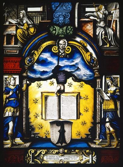 Blazon of the University of Basel, 1560, stained glass, 42 x 30 cm |, 30.1 x 42 x 2 cm, unsigned, but dated., In the scroll cartridge in the base: EX • DONO • ALMAE • UNIVERSITY • STUDY • BASILIS • 1560, Designation of the four allegorical figures: THEOLOGIA, IVS, MEDICINA, PHILOSOPHIA, Ludwig Ringler, Basel 1536–1606 Basel