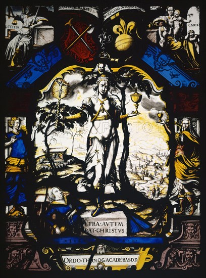 Blazon of the Theological Faculty of the University of Basel, 1560, stained glass, 42.5 x 31.5 cm |, 31.3 x 42.5 x 2 cm, unsigned, but dated., In the scroll cartridge in the base: ORDO: THEOLOG: ACADE • BAS: D [ONUM] D [EDIT], above in blue stripe: • 1 • 5 • 6 • 0 •, on the stone block above: PETRA • AUTEM • ERAT • CHRiSTUS, the four allegorical figures of the frame are: SPES, VIDES [sic!], IVSTITIA, CARITAS, Name of the two coats of arms in the arcade apex: MARTIN BORRHAVS, WOLFGANG WISSENBVRG, Ludwig Ringler, Basel 1536–1606 Basel