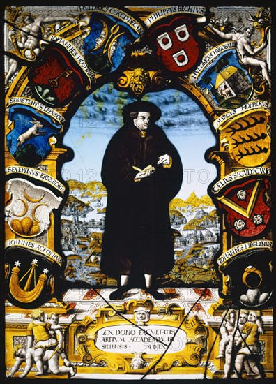 Coat of Arms of the Faculty of Arts of the University of Basel, 1560, stained glass, 31 x 42.5 x 2 cm |, 44.5 x 33 cm, unsigned, but dated., In the scroll cartridge in the base: EX DONO FACULTATIS ARTIUM ACCADEMIAE BASILSIS • MDLX, Name of coat of arms of faculty members, from top to bottom: HVLDRIC COCCI DECAN, PHILIPPVS BECHIVS, IOHANNES HOSPINIANVS, HVLDRICVS HVGOBALD, SEBASTIANVS LEPVSCVL, MARCVS HOPPERVS, SEVERINVS ERTZBERG, CÆLIVS SECVND CVRIO, JOHANNES ACRONIVS, IOHANNES FIEGLINVS, Hans Jörg Riecher, Basel 1538 –1614 Basel