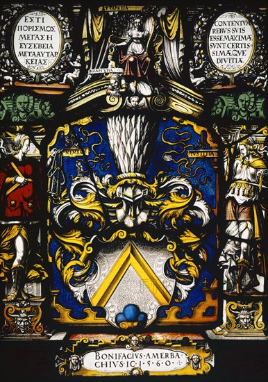 Blazon of the Bonifacius Amerbach, 1560, stained glass, 42 x 30.5 cm |, 31 x 42.5 x 2 cm, unsigned, but dated., In the scroll cartridge in the base: BONIFACIVS • AMERBACHIVS • I [VRRIS] C [ONSVLTVS] • 1 • 5 • 6 • 0 •, in the medallions on the upper corners: ESTI PORISMOS MEGAS E EUSEBEIA META AUTAPKEIAS (in Greek letters, left), CONTENTVM REBVS SVIS ESSE MAXIMÆ SVNT CERTISSIMÆQVE DIVITIÆ (right), Designation of the figures on the entablature (in Greek letters): AUTARKEIA, PHILARGURIA, Designation of the lateral figures: NEMESIS, IVSTITIA, Ludwig Ringler, Basel 1536–1606 Basel