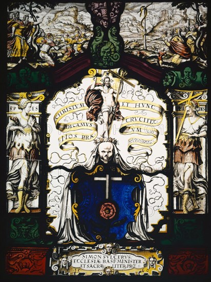 Coat of Arms of the Basel Theology Professor Simon Sulzer, 1560, stained glass, 42.5 x 31.5 cm |, 31.3 x 42.5 x 2 cm, unsigned, but dated., In the scroll cartridge in the base: SIMON SVLCERVS ECCLESIÆ BASI [liensi] s MINISTER ET SACRAR [UM] LITER [ARVM] PRO [FESSOR] • 1 • 5 • 6 • 0 •, in the script of the middle picture:, NOS PRÆDICAMVS CHRISTVM, ET HVNC CRUCIFIXVM, Name of the two allegorical standing figures: SPES, FIDES, Ludwig Ringler, Basel 1536–1606 Basel