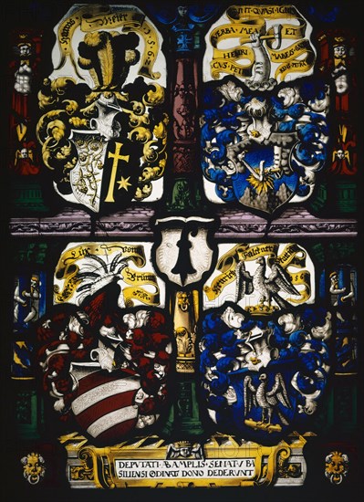 Coat of Arms of the Deputates of the Basel Council, 1561-1562, stained glass, 43 x 31.5 cm |, 31.3 x 42.8 x 2 cm, unsigned, but dated., In the cartouche below: DEPVTATI • AB • AMPLIS [simo] • SENATV • BASILIENSI ORDINATI DONO DEDERVNT, Designation of the coat of arms in the bands: Hanns • Meier • 1 • 5 • 6 • 2 •, HENRICVS • PETRI • VERBA • MEA • SVNT • QVASI • IGNIS • ET • MALLEVS • CONTERENS • PETRA [m] ES., 23, Lux • vonn • Brunn, Henrich • Falckner • Occupant • 1561, Hans Jörg Riecher, Basel 1538 –1614 Basel