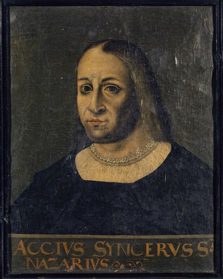 Portrait of Jacopo Sannazaro, oil on canvas, 58 x 45 cm, unmarked., Down on the parapet: ACCIVS SYNCERVS SAN [N], NAZARIVS -, Schweizerischer Meister, 17. Jh.