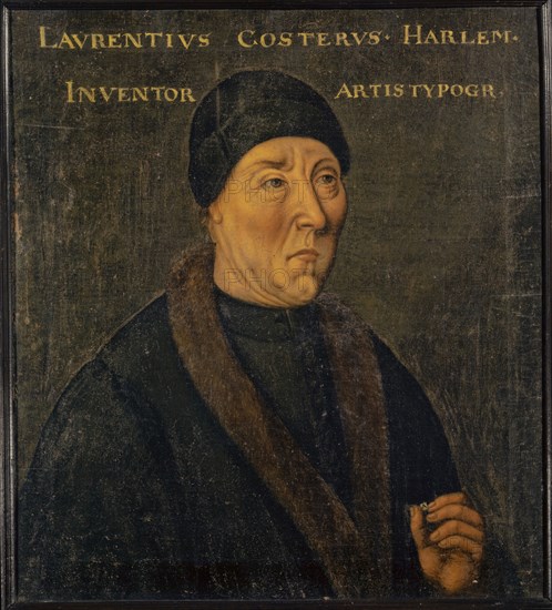 Portrait of Laurens Coster, oil on canvas, 57.5 x 52.5 cm, unsigned., Above: LAVRENTIVS COSTERVS • HARLEM •, INVENTOR ARTIS TYPOGR. [APHIAE], Schweizerischer Meister, 17. Jh.