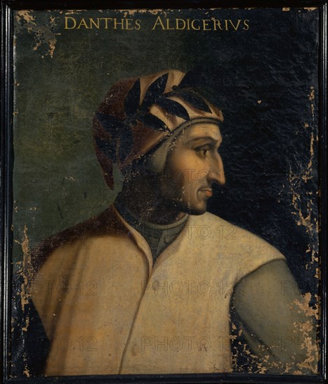 Portrait of Dante Alighieri, oil on canvas, 74.5 x 63 cm, unmarked., Above: DANTHES ALDIGERIVS, Cristofano (di Papi) dell' Altissimo, (Kopie nach / copy after), um 1525–1605 Florenz