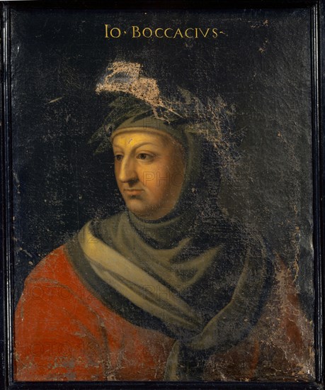 Portrait of Giovanni Boccaccio, oil on canvas, 76.5 x 62 cm, not specified., Above: IO [ANNES] • BOCCACIVS -, Cristofano (di Papi) dell' Altissimo, (Kopie nach / copy after), um 1525–1605 Florenz