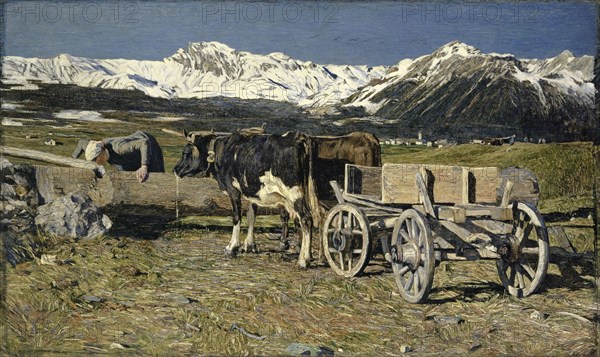 At the Potions (Cows in the Yoke), 1888, oil on canvas, 84.1 x 141.2 cm, Signed and dated on the cart: G.SEGANTINI, SAVOGNIN, MDCCCLXXXVIII, Op., LXXXII, ., Giovanni Segantini, Arco/Trentino 1858–1899 Schafberg/Graubünden