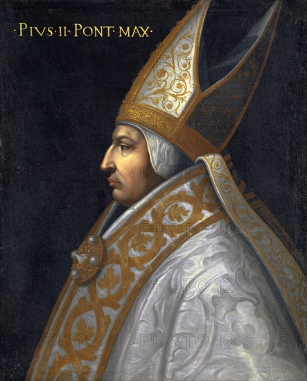 Portrait of Pope Pius II (Enea Silvio Piccolomini), oil on canvas, 77.5 x 64.5 cm, unsigned., Top left: • PIVS • II • PONT • MAX •, Cristofano (di Papi) dell' Altissimo, (Kopie nach / copy after), um 1525–1605 Florenz