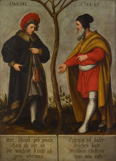 The prophets Daniel and Hosea, oil on canvas, 104.5 x 75.5 cm, unsigned., About the figures: DANIEL and OSEAS, Bottom left: rent: schenck: gave: givaln, Sach I nitt, the warheitt b'richt I, like iederman., Bottom right: Ephraim vil bo [e] ser, ruptures had the same z 'better, what min radt., Bartholomäus Sarburgh, Trier um 1590 – nach 1637 Niederlande, Hans Holbein d. J., (Kopie nach / copy after), Augsburg um 1497/98–1543 London