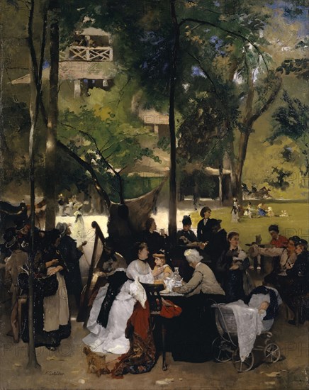 The Chinese Tower in the English Garden in Munich, around 1873, oil on canvas, 140 x 111 cm, signed lower left: F. Schider., Fritz Schider, Salzburg 1846–1907 Basel