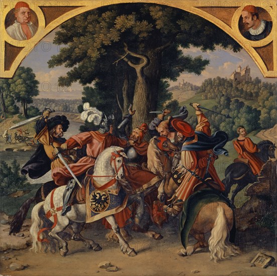 The Murder of King Albrecht at Windisch, 1829, oil on oak, 44 x 44 cm, monogrammed lower right: HH., [, Ligated, ], signed and dated on the reverse in ink: Hieronymus Hess., inv, Hieronymus Hess, Basel 1799–1850 Basel