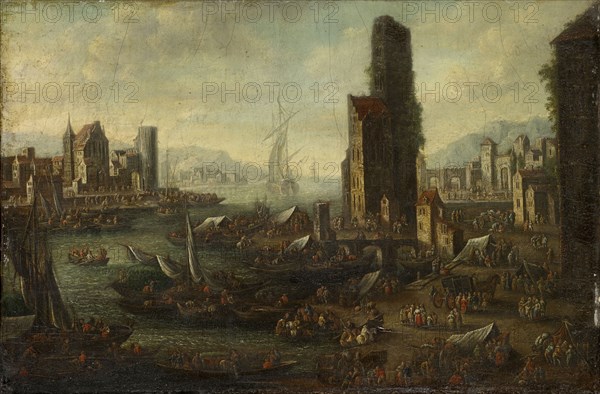 Seaport, oil on canvas, 29.5 x 44 cm, not specified, Adriaen Frans Boudewyns, Brüssel 1644–1719 Brüssel, Pieter Bout, Brüssel um 1640/45–1689 Brüssel