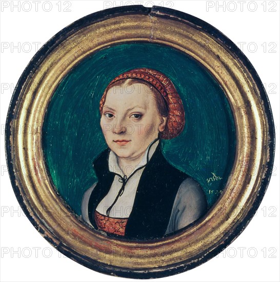 Capsule portrait of Katharina von Bora, the wife of Martin Luther, 1525, mixed technique on beech wood, diameter: 10 cm, inscribed and dated: Winged Serpent, 1525 (last digit indistinct), Lucas Cranach d. Ä., Kronach 1472–1553 Weimar