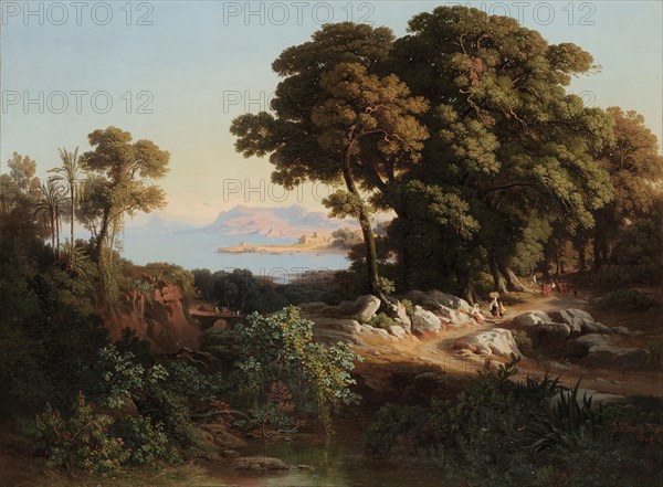 From the surroundings of Monreale, Sicily, 1849, oil on canvas, 67.8 x 91 cm, signed and dated lower right with red color: J. J. Frey., Rome, 1849, Johann Jakob Frey, Basel 1813–1865 Frascati