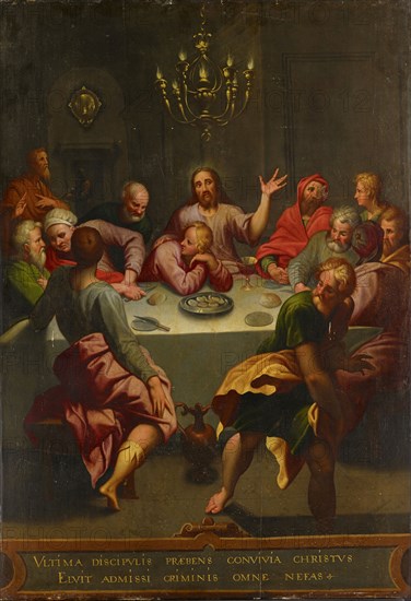 The Last Supper, oil on oak, 108 x 76 cm, unmarked., At the bottom of the inscription: VLTiMa DiSCiPVLis PRÆBENS CONViVia CHRiSTVS, ELViT ADMiSSi CRiMiNiS OMNE NEFAS, Niederländischer Meister, 17. Jh.