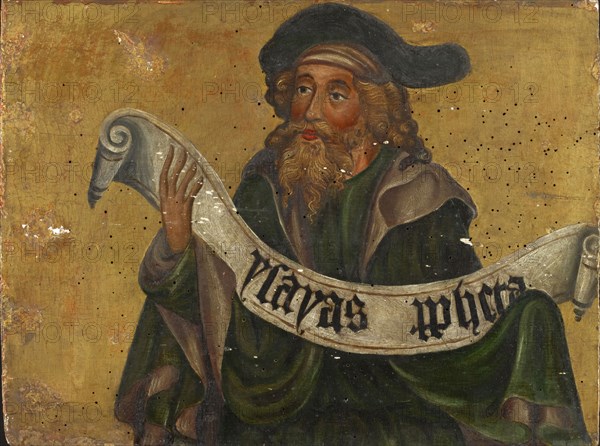 The Prophet Isaiah, 1st third of the 15th century, mixed technique on hardwood laminated with canvas, 31 x 41 cm, unmarked., On the scroll: ysayas p [ro] pheta, Schweizerischer Meister, 15. Jh., (?)