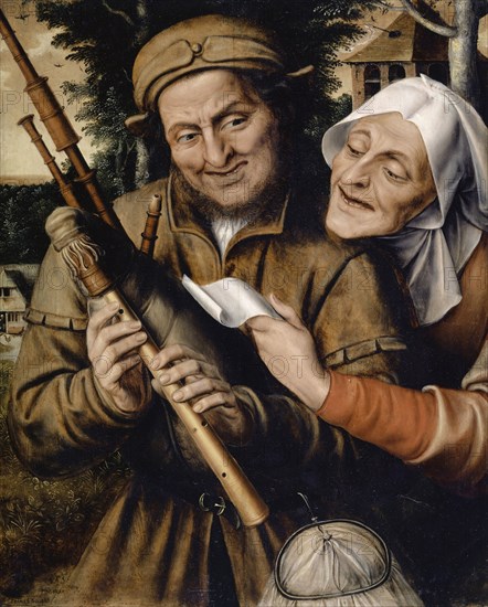 Couple making music, 1565, oil on oak wood, 72 x 58 cm, Dated and signed lower left: .1565., PINGEBAT, IOA [N] NES MASSIIS, Jan Massys, Antwerpen um 1509–1575 Antwerpen